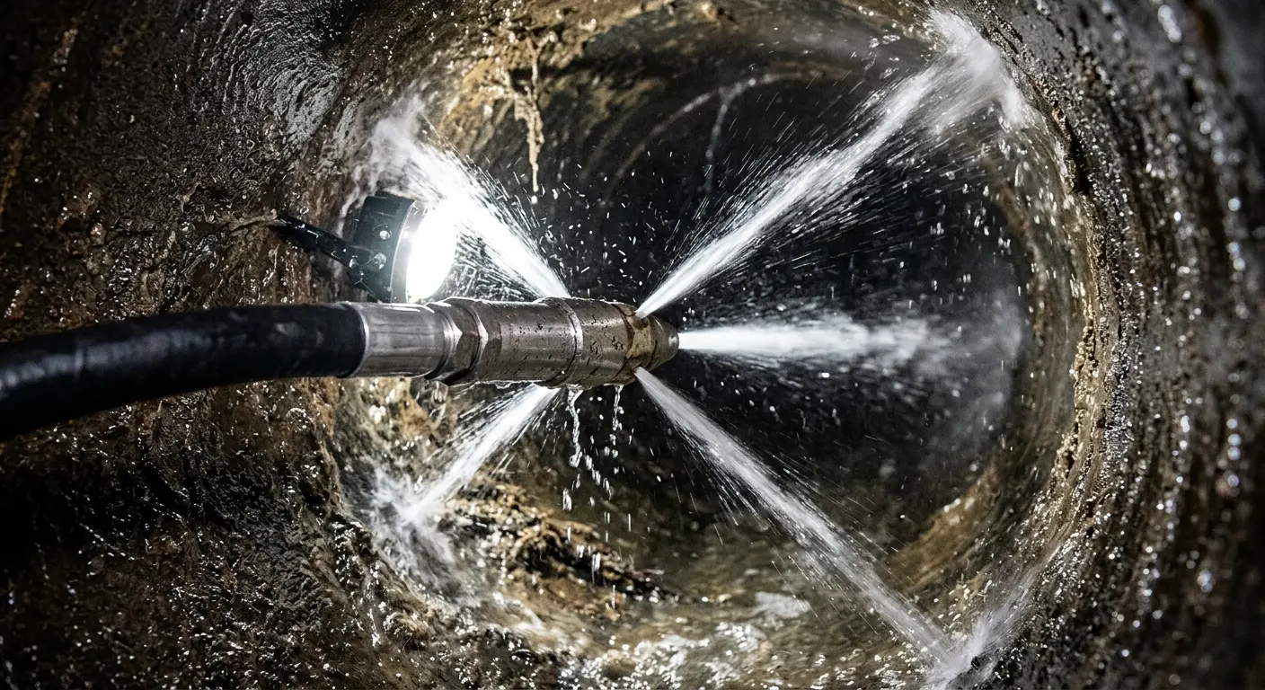 High-pressure hydro jetting nozzle cleaning sewer pipe for Sewer Cleanout in Harrison