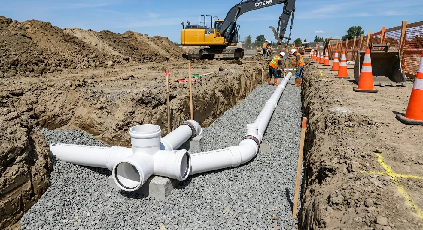 New PVC sewer pipe installation in open trench for Sewer Backup in Harrison