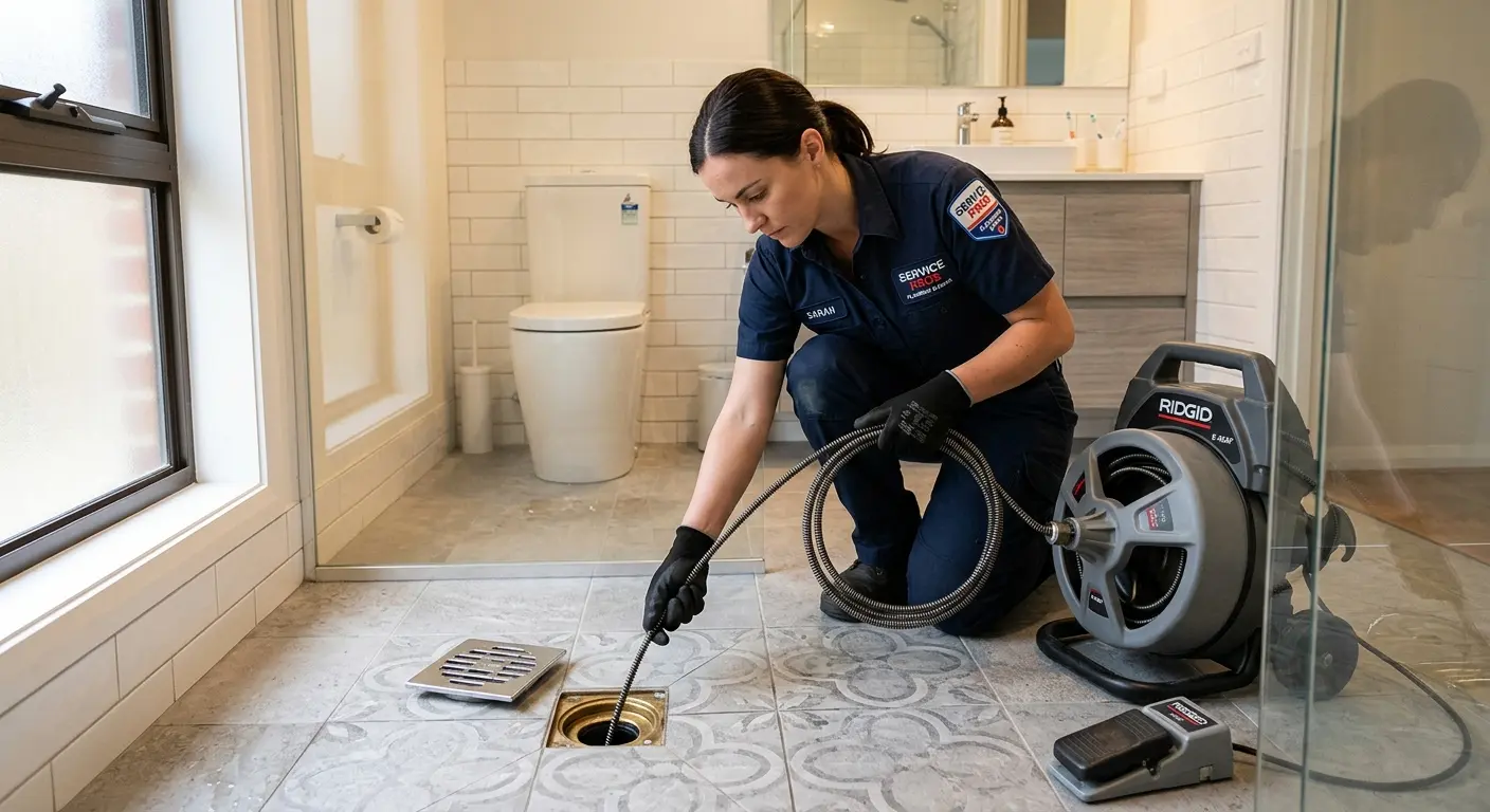Technician clearing a bathroom floor drain for Drain Cleaning in Harrison